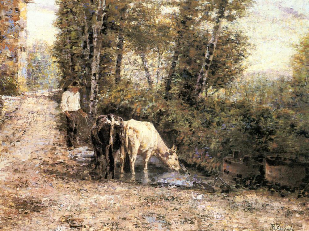 Cows Watering At A Quiet Pool country Eugenio Zampighi Oil Paintings